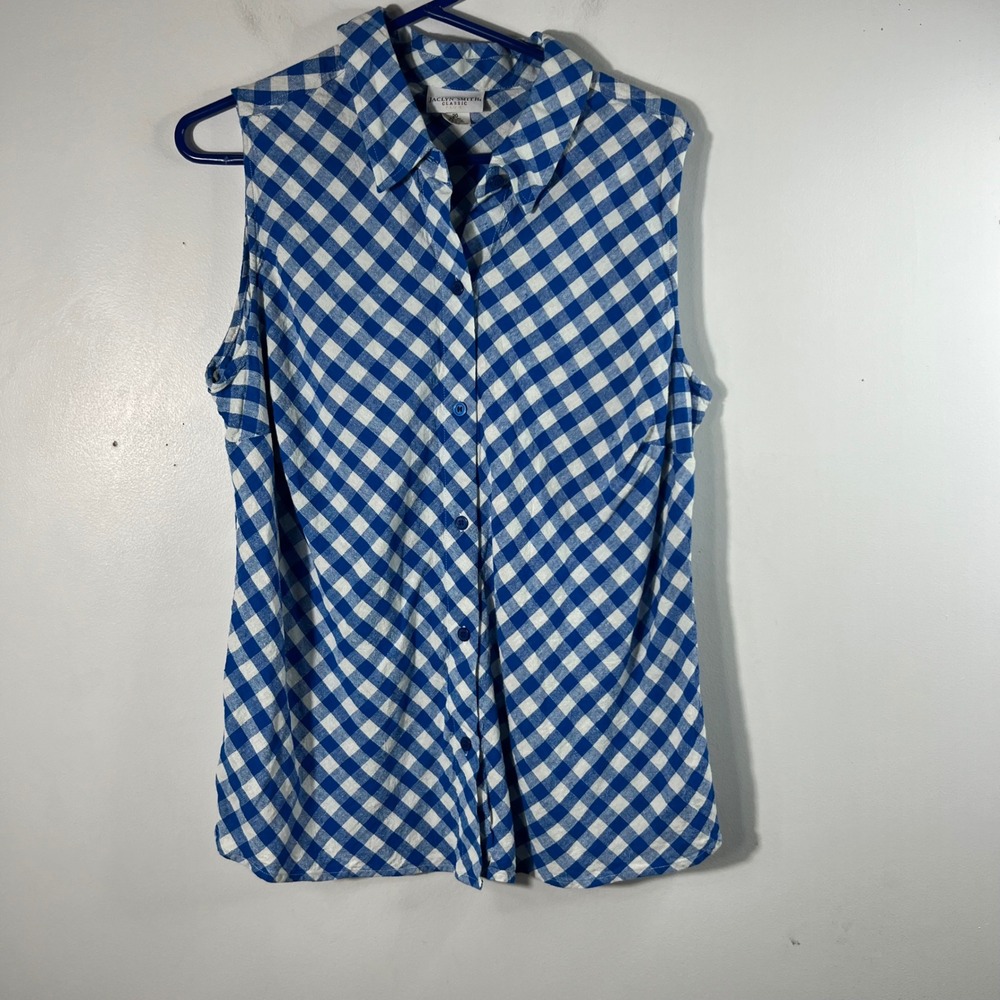 Jaclyn Smith Classic‎ Plus Blue White Gingham Linen Blend Sleeveless Shirt Sz 20